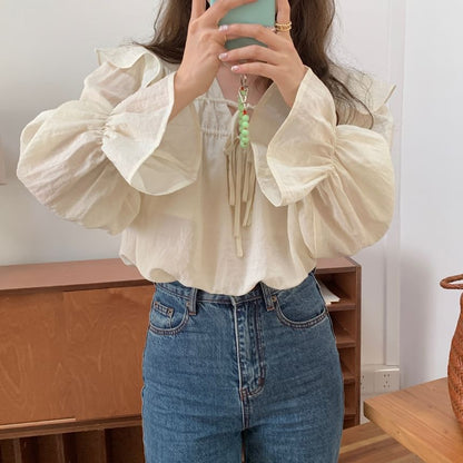 Tie-Front V-Neck Blouse with Puff Sleeves