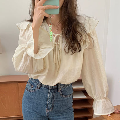 Tie-Front V-Neck Blouse with Puff Sleeves