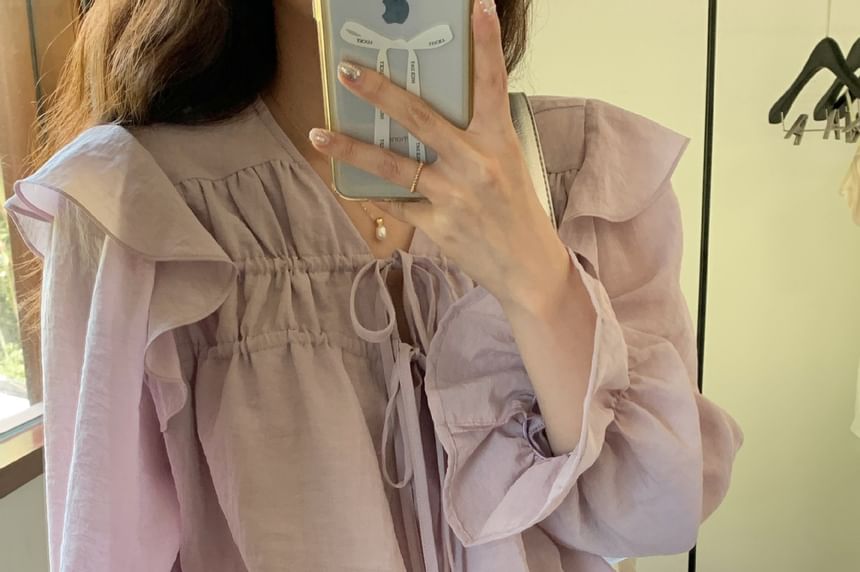 Tie-Front V-Neck Blouse with Puff Sleeves