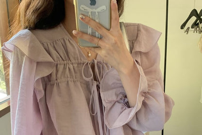 Tie-Front V-Neck Blouse with Puff Sleeves