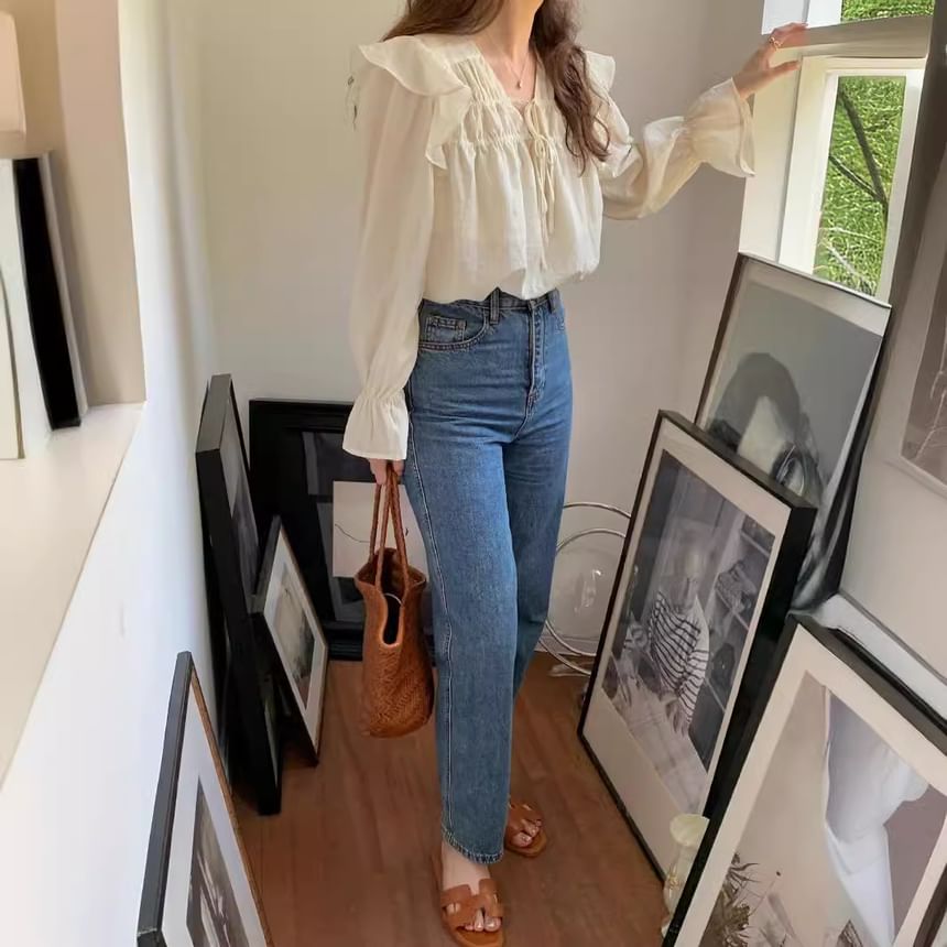 Tie-Front V-Neck Blouse with Puff Sleeves