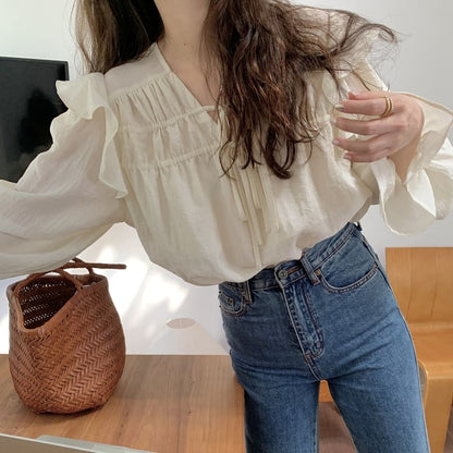 Tie-Front V-Neck Blouse with Puff Sleeves