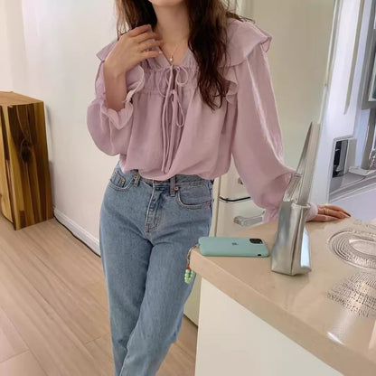 Tie-Front V-Neck Blouse with Puff Sleeves