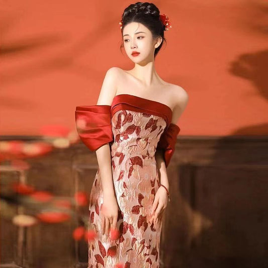 Short Sleeve Off Shoulder Panel Jacquard Trumpet Evening Gown