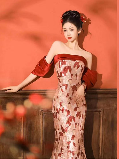 Short Sleeve Off Shoulder Panel Jacquard Trumpet Evening Gown