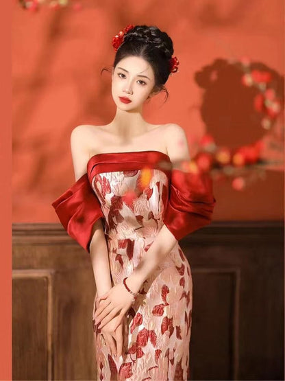 Short Sleeve Off Shoulder Panel Jacquard Trumpet Evening Gown