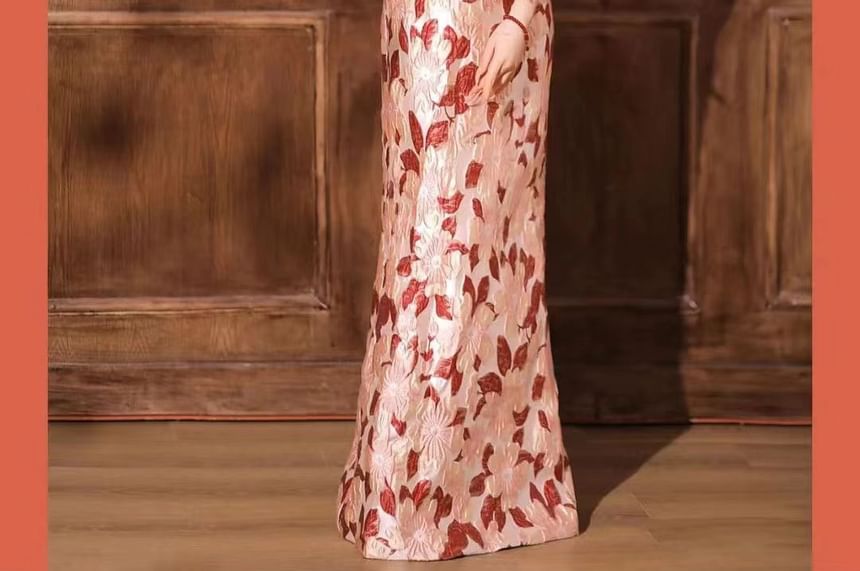Short Sleeve Off Shoulder Panel Jacquard Trumpet Evening Gown