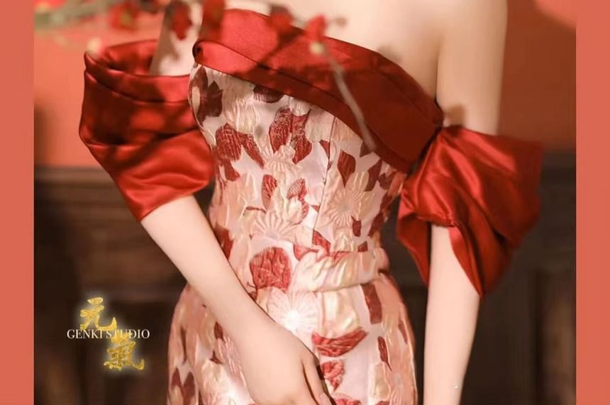 Short Sleeve Off Shoulder Panel Jacquard Trumpet Evening Gown