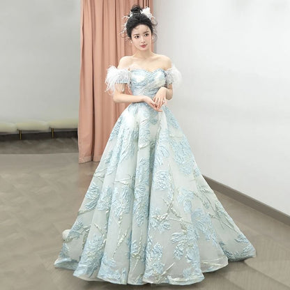 Short Sleeve Off Shoulder Feather Trim Jacquard A-Line Ball Gown