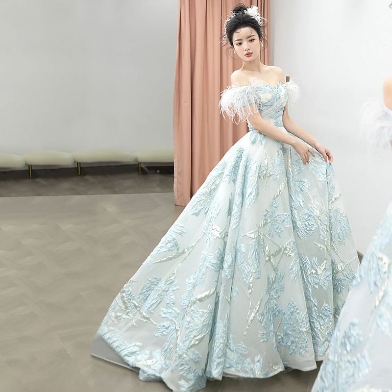 Short Sleeve Off Shoulder Feather Trim Jacquard A-Line Ball Gown