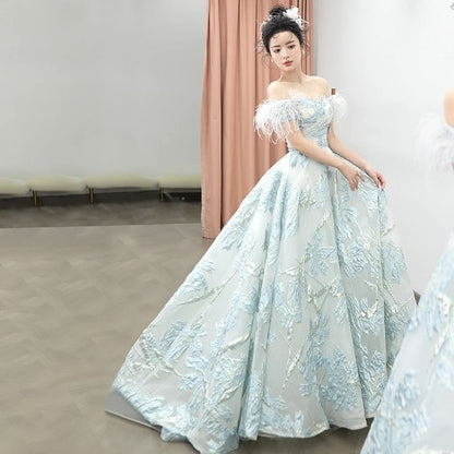 Short Sleeve Off Shoulder Feather Trim Jacquard A-Line Ball Gown