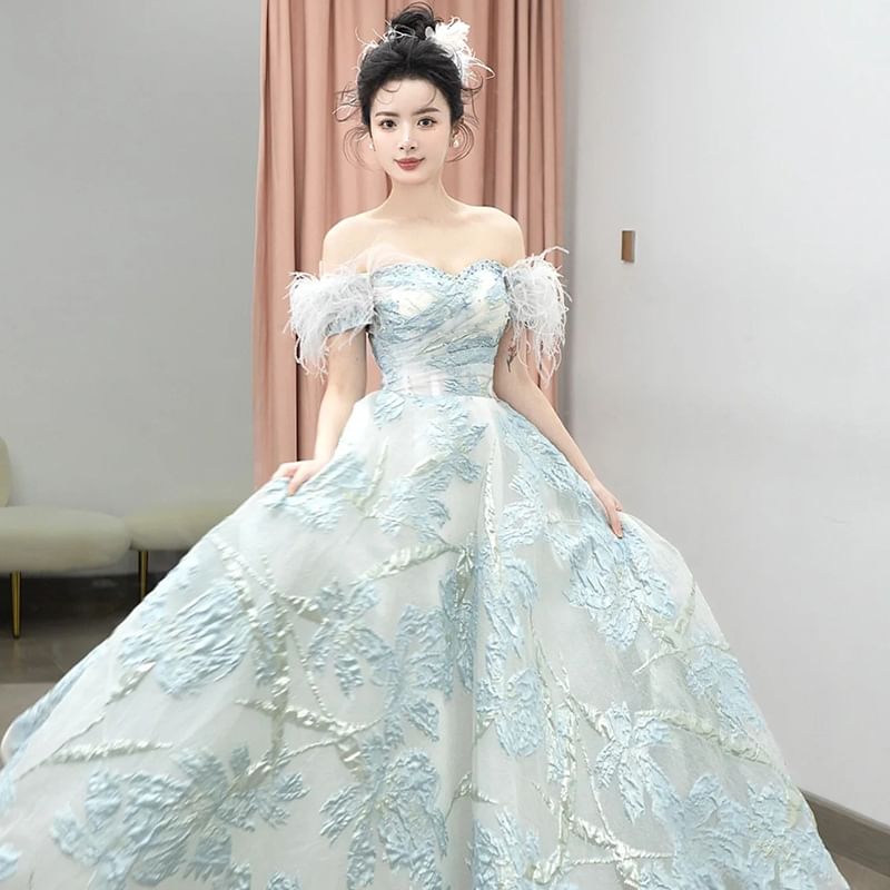 Short Sleeve Off Shoulder Feather Trim Jacquard A-Line Ball Gown