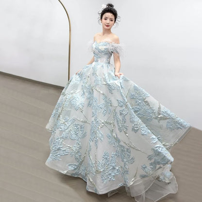 Short Sleeve Off Shoulder Feather Trim Jacquard A-Line Ball Gown