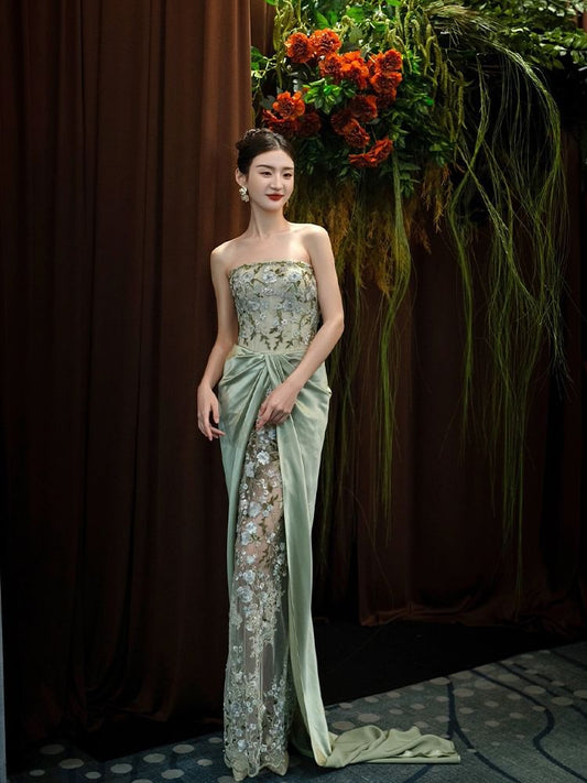 Floral Embroidered Ruched Mesh Panel Satin Sheath Tube Evening Gown