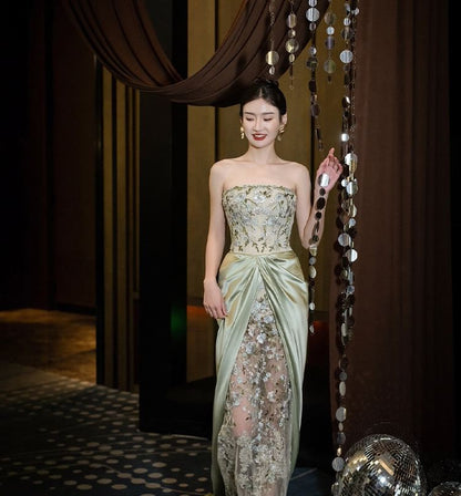 Floral Embroidered Ruched Mesh Panel Satin Sheath Tube Evening Gown