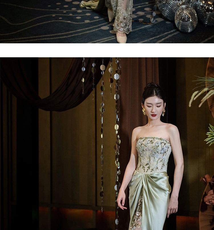 Floral Embroidered Ruched Mesh Panel Satin Sheath Tube Evening Gown