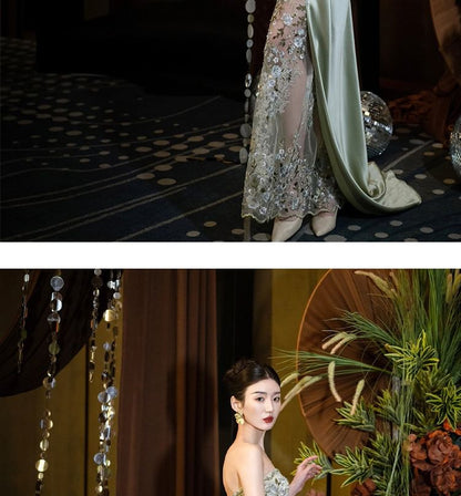 Floral Embroidered Ruched Mesh Panel Satin Sheath Tube Evening Gown