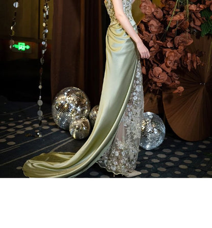 Floral Embroidered Ruched Mesh Panel Satin Sheath Tube Evening Gown