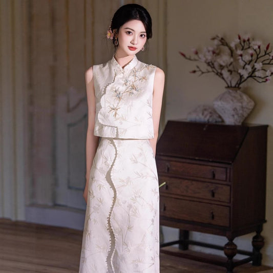 Sleeveless Mandarin Collar Embroidered Beaded Panel Jacquard Maxi Sheath Cocktail Dress