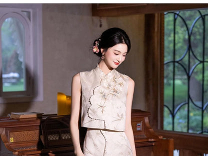Sleeveless Mandarin Collar Embroidered Beaded Panel Jacquard Maxi Sheath Cocktail Dress