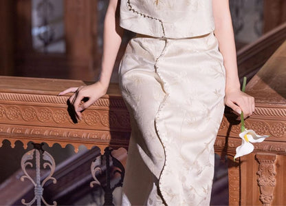 Sleeveless Mandarin Collar Embroidered Beaded Panel Jacquard Maxi Sheath Cocktail Dress