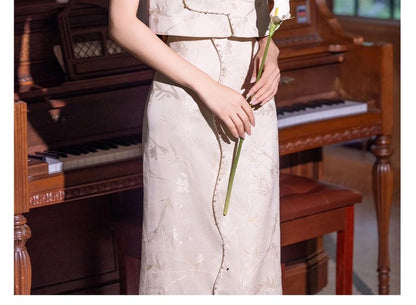 Sleeveless Mandarin Collar Embroidered Beaded Panel Jacquard Maxi Sheath Cocktail Dress