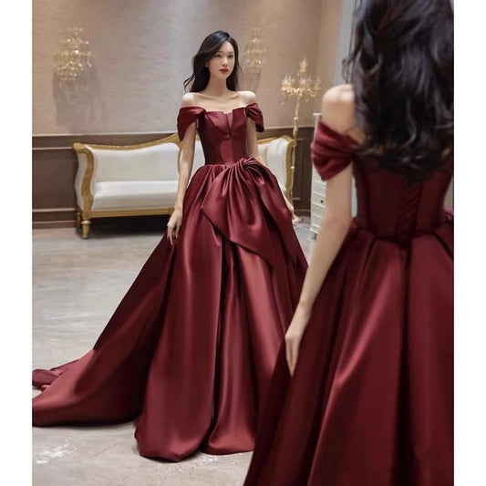 Sleeveless Off Shoulder Plain Bow Satin A-Line Evening Gown