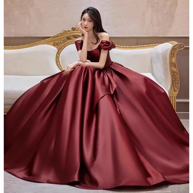 Sleeveless Off Shoulder Plain Bow Satin A-Line Evening Gown
