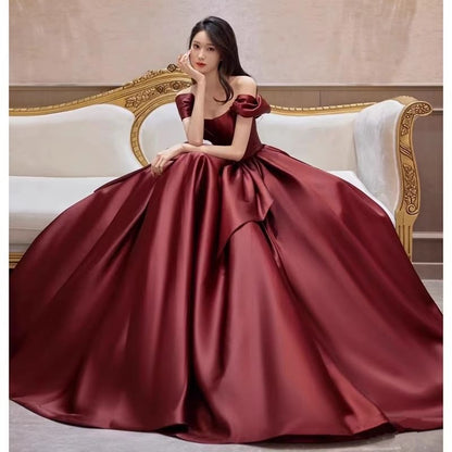 Sleeveless Off Shoulder Plain Bow Satin A-Line Evening Gown
