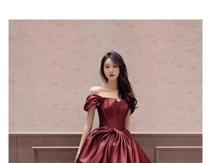 Sleeveless Off Shoulder Plain Bow Satin A-Line Evening Gown