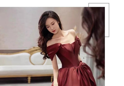 Sleeveless Off Shoulder Plain Bow Satin A-Line Evening Gown