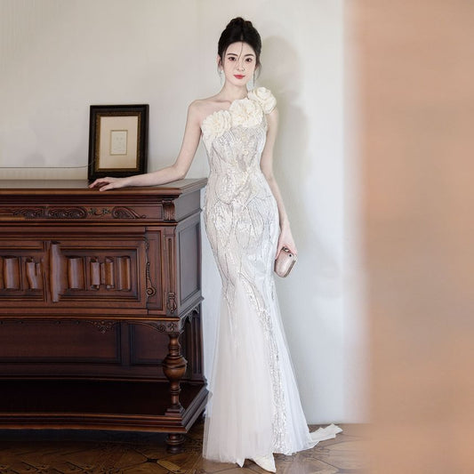 Sleeveless One Shoulder Floral Sequin Mesh Mermaid Evening Gown
