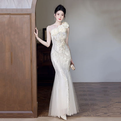 Sleeveless One Shoulder Floral Sequin Mesh Mermaid Evening Gown