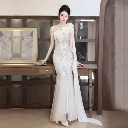 Sleeveless One Shoulder Floral Sequin Mesh Mermaid Evening Gown