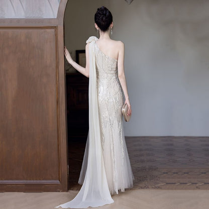 Sleeveless One Shoulder Floral Sequin Mesh Mermaid Evening Gown