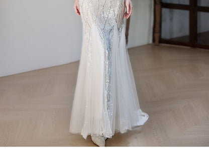 Sleeveless One Shoulder Floral Sequin Mesh Mermaid Evening Gown