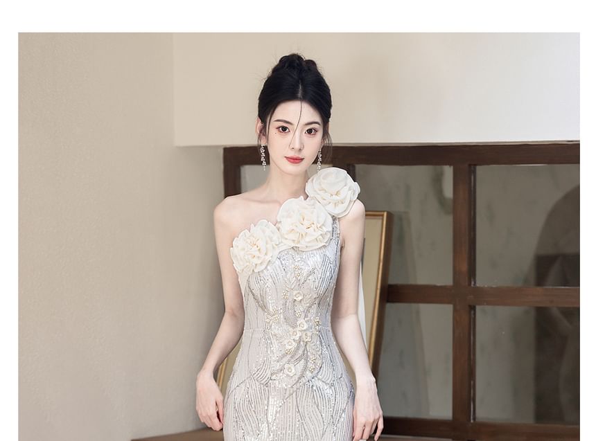 Sleeveless One Shoulder Floral Sequin Mesh Mermaid Evening Gown