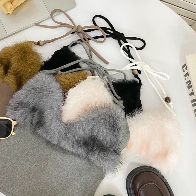 Open-Back Halter Crop with Soft Fluffy Accents