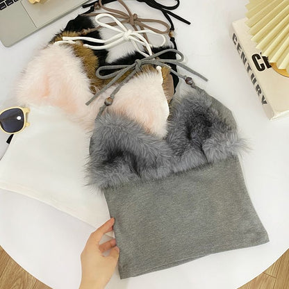 Open-Back Halter Crop with Soft Fluffy Accents