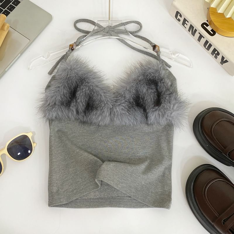 Open-Back Halter Crop with Soft Fluffy Accents