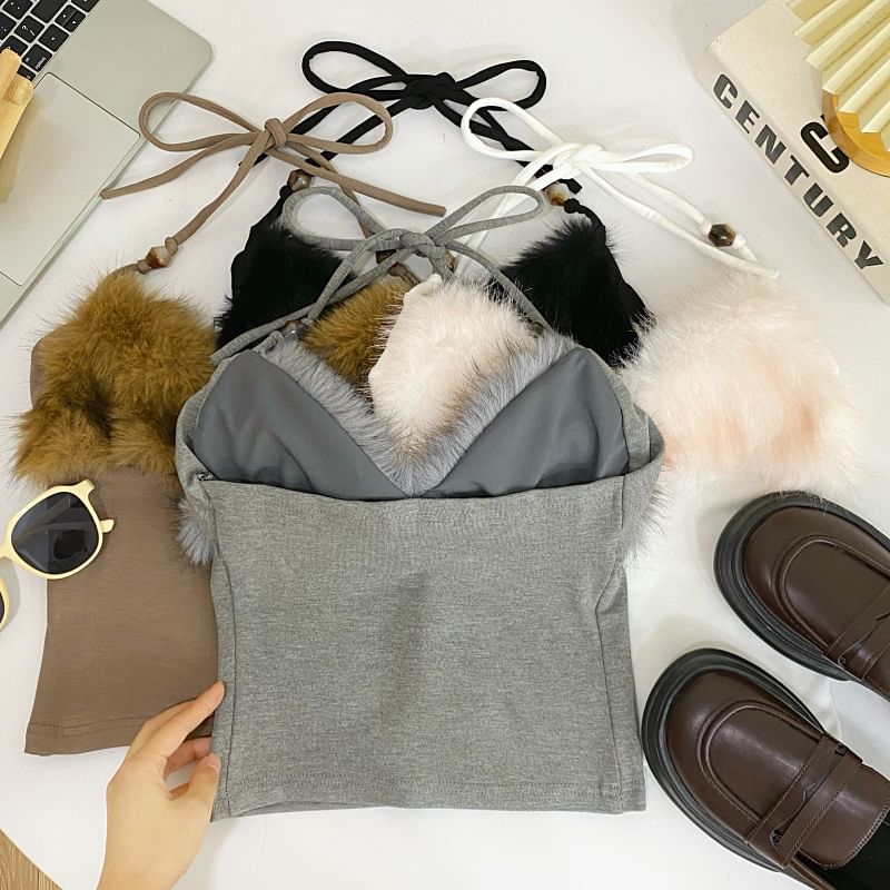 Open-Back Halter Crop with Soft Fluffy Accents