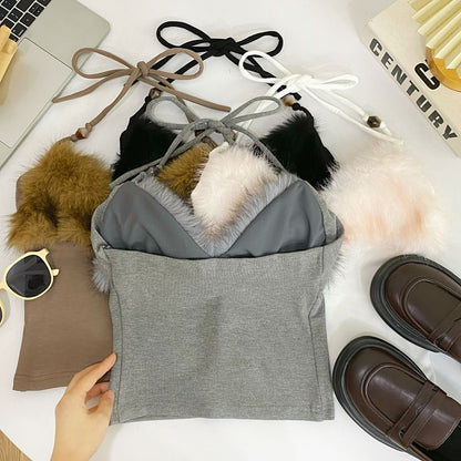 Open-Back Halter Crop with Soft Fluffy Accents