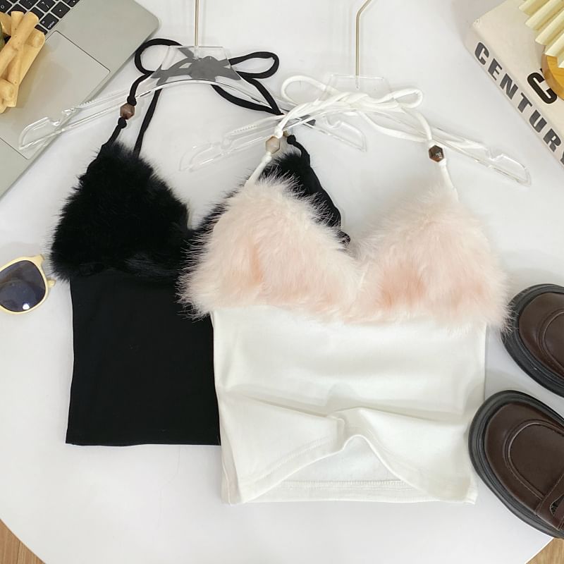 Open-Back Halter Crop with Soft Fluffy Accents