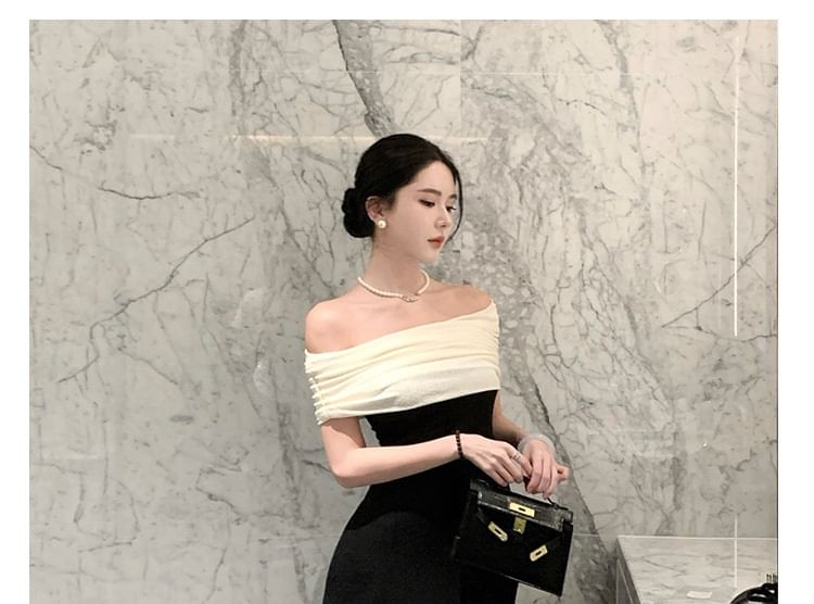 Off-Shoulder Two Tone A-Line Evening Dress