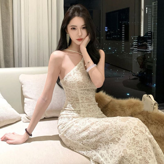 Halter Floral Lace Trumpet Evening Dress