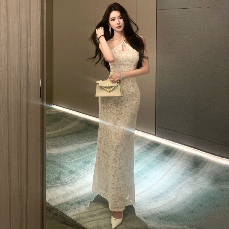 Halter Floral Lace Trumpet Evening Dress