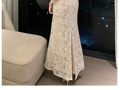 Halter Floral Lace Trumpet Evening Dress