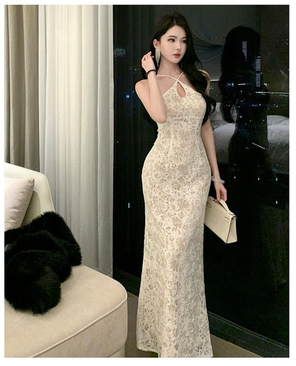 Halter Floral Lace Trumpet Evening Dress