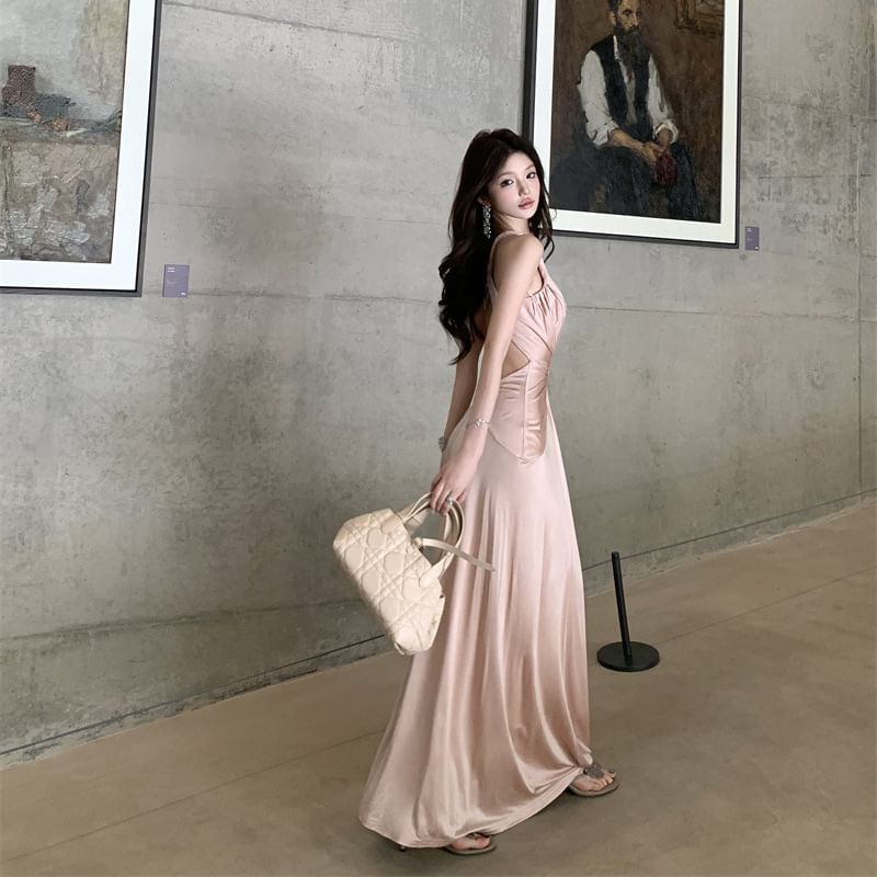 Halter Plain Knot Sheath Evening Dress