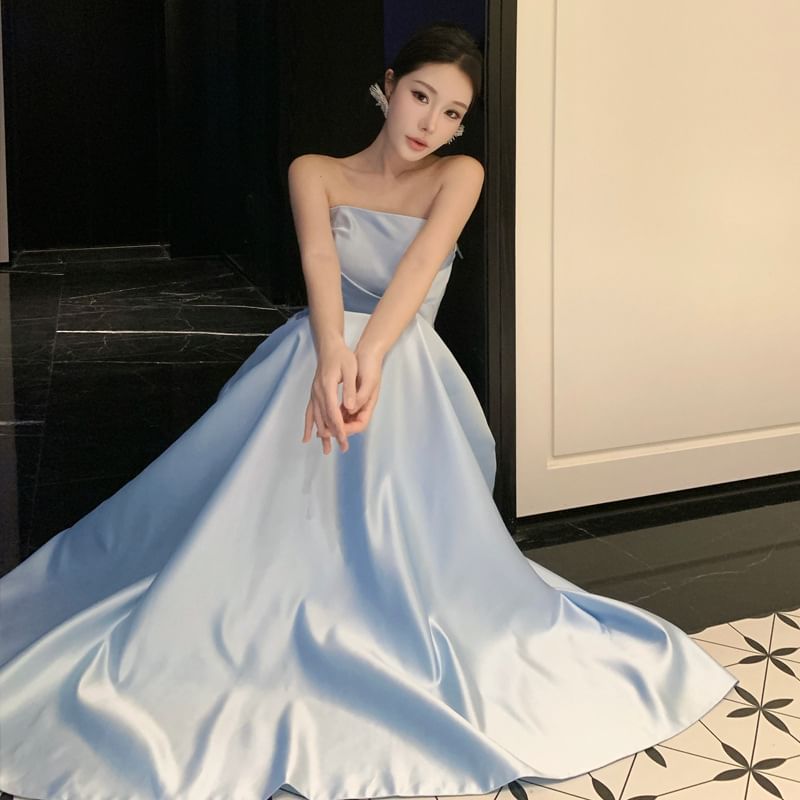 Strapless Plain Open Back Ruffle A-Line Evening Dress